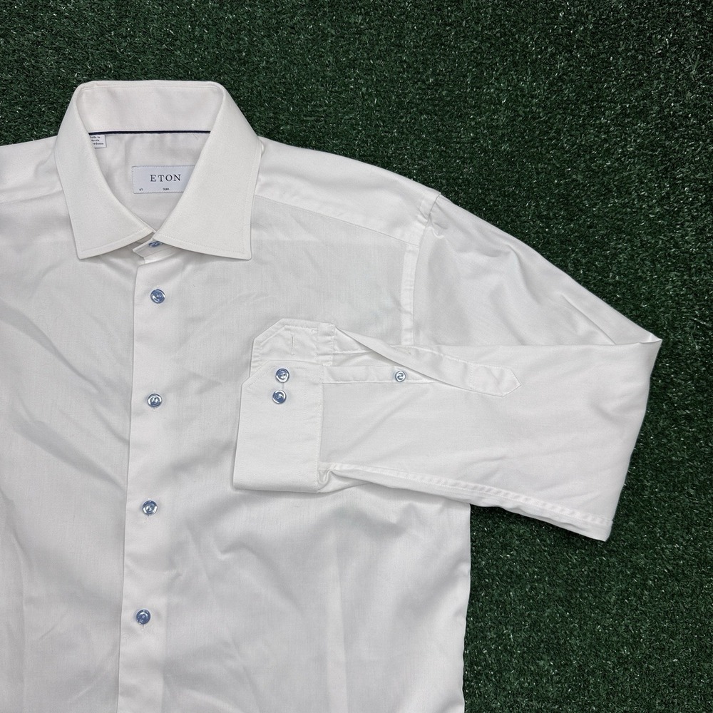 Eton Men's Long Sleeve Button Slim Dress Shirt Size 16 41 White Blue Buttons
